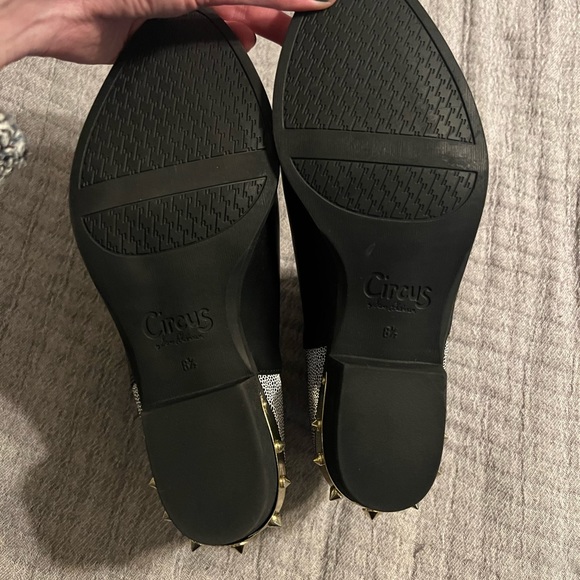 Black bootie with pattern heel and gold spike heel. 1.5 inch heel. Like new. - Picture 2 of 6